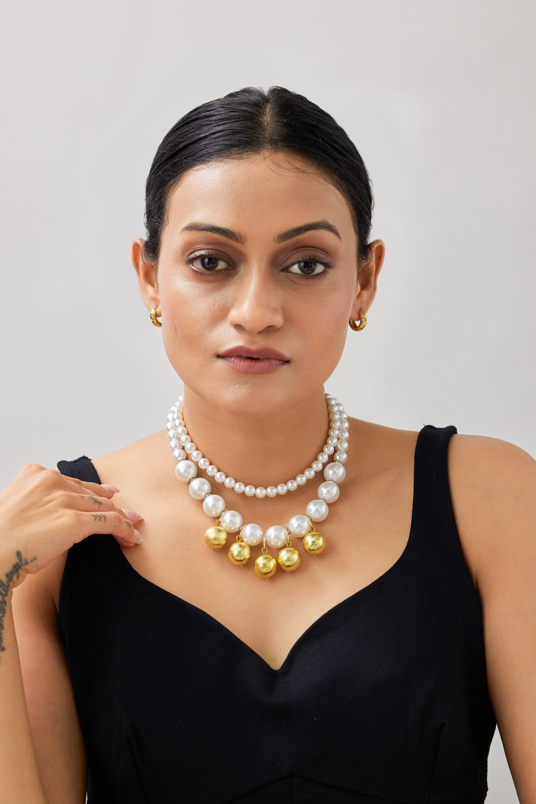 Mela Statement Pearl Necklace with Textured Gold Beads - 18k Gold Plated, Anti Tarnish