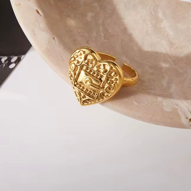 Ramona Heart Shaped Belt Buckle Textured Open Ring - Waterproof, 18k Gold Plated