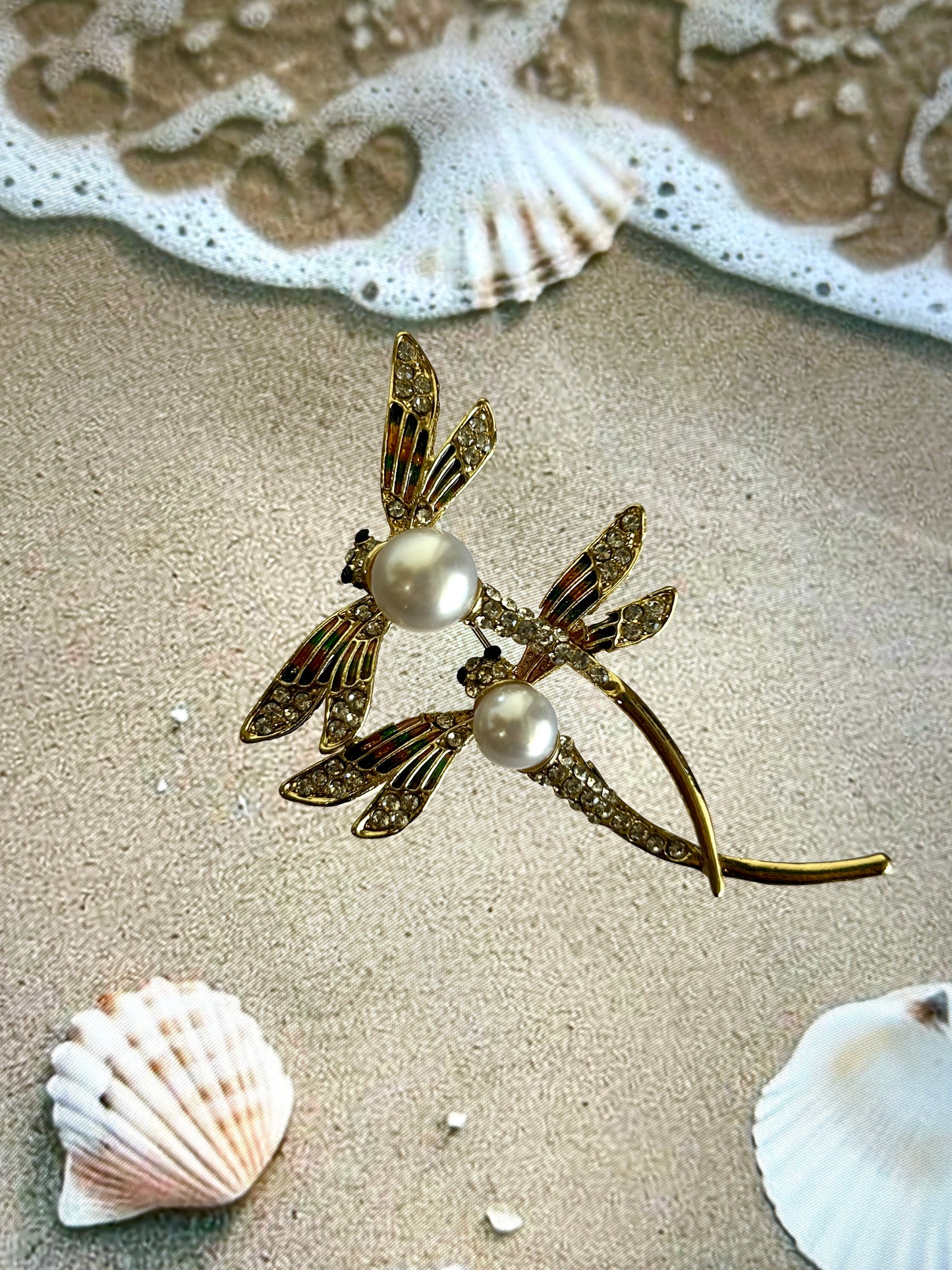 Twin Dragon Fly Pearl Brooch