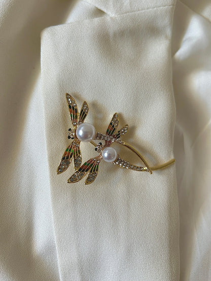 Twin Dragon Fly Pearl Brooch