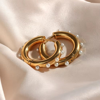 Pearly Hoops - Waterproof, 18k Gold Plated