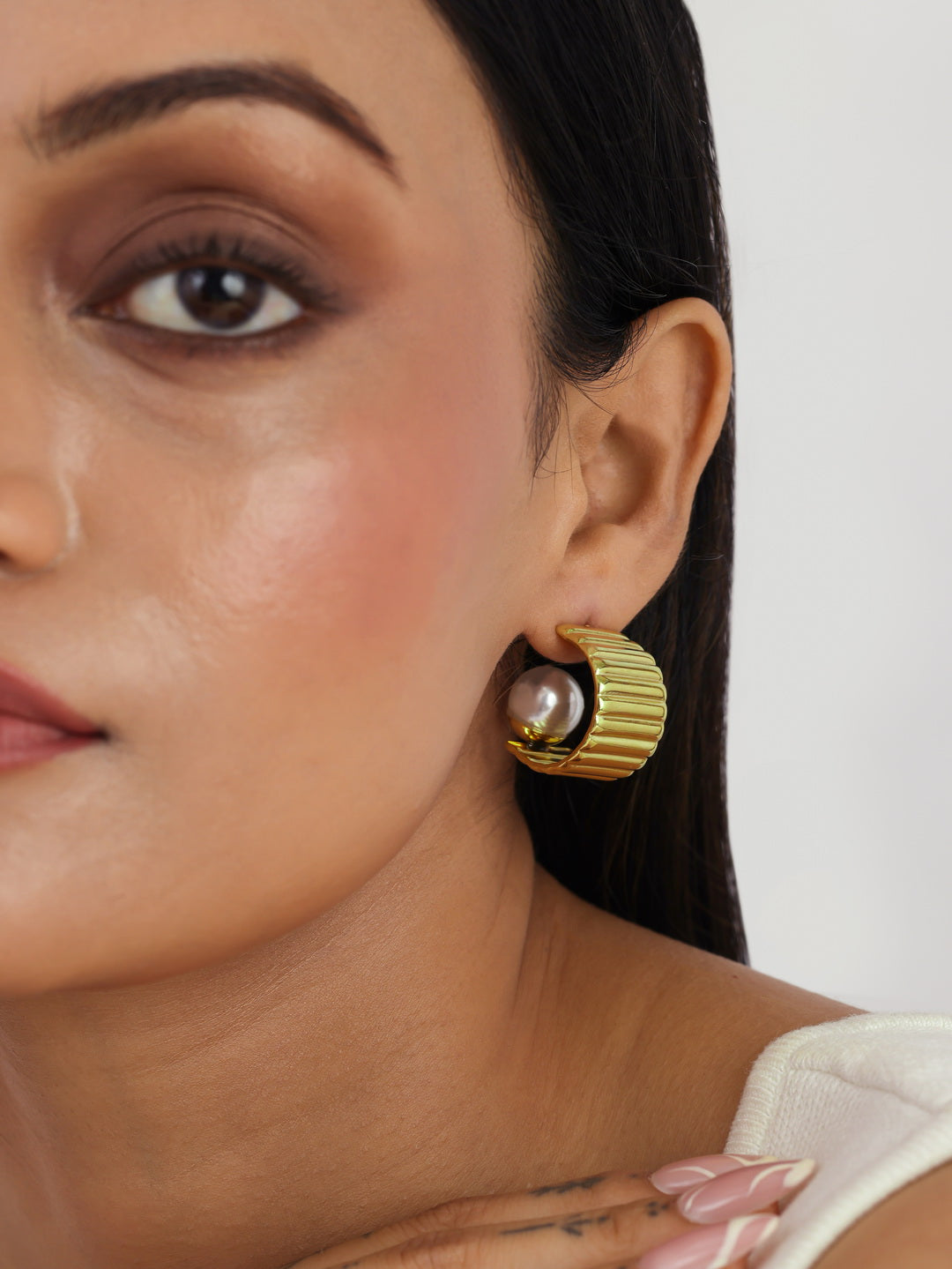 Fluted Gold Pearl Hoops- Waterproof, 18k Gold Plated