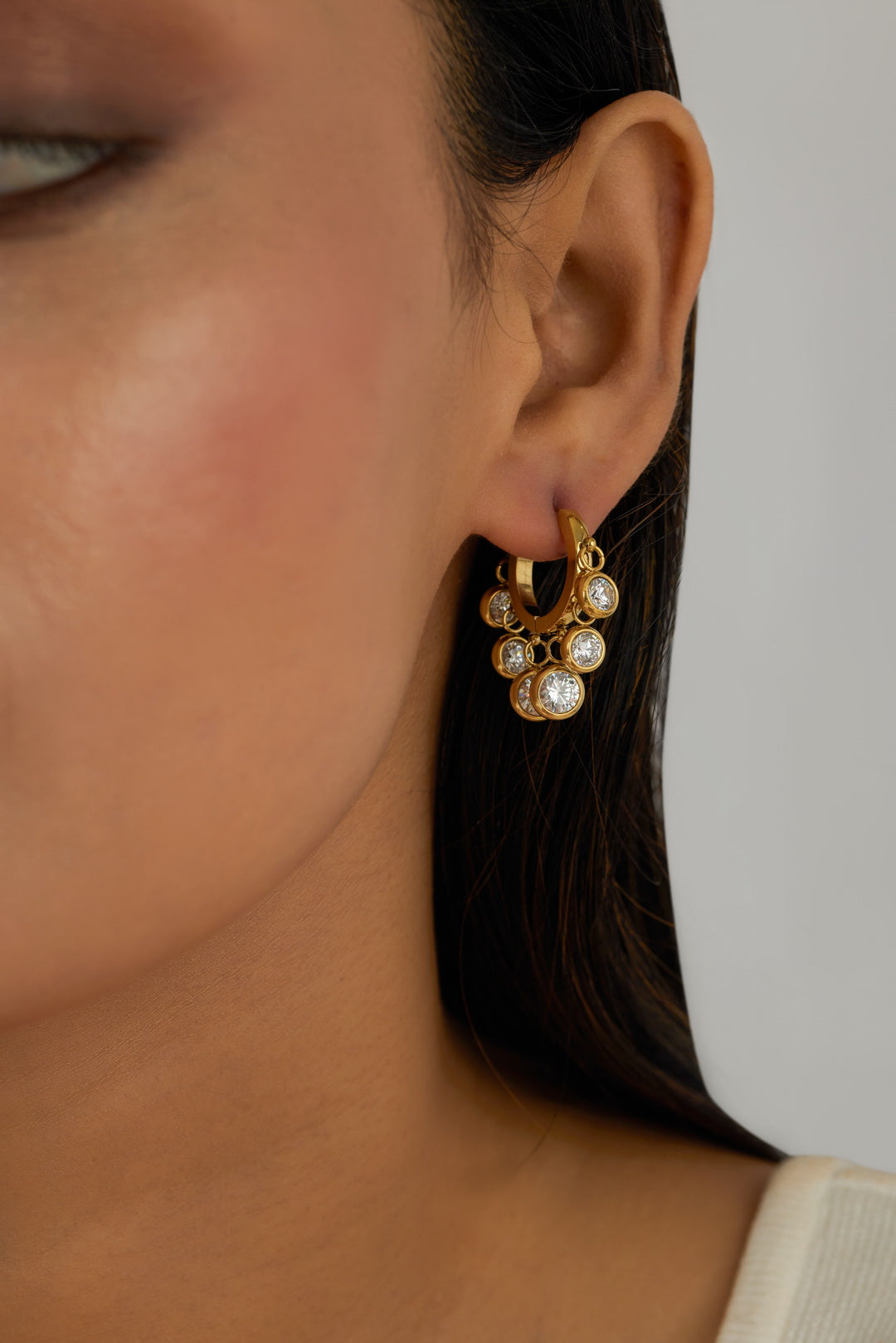 Cluster Earrings with Dangling Stones- Waterproof, 18k Gold Plated