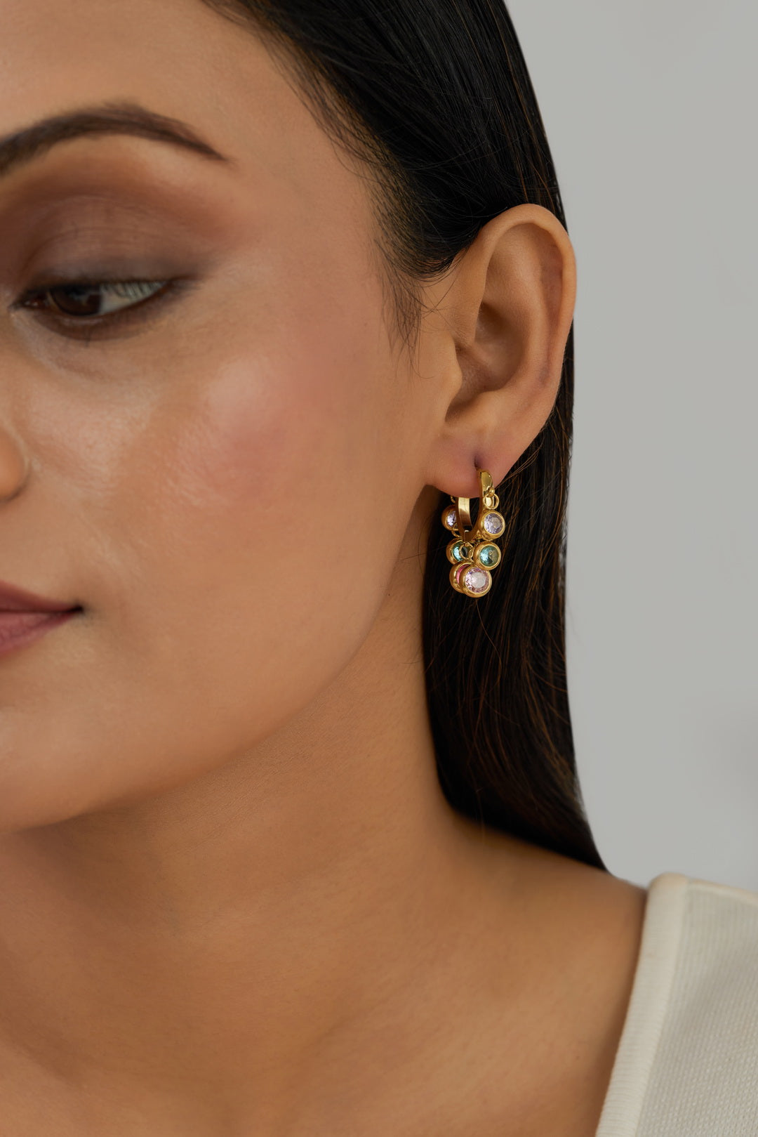 Cluster Earrings with Dangling Stones- Waterproof, 18k Gold Plated