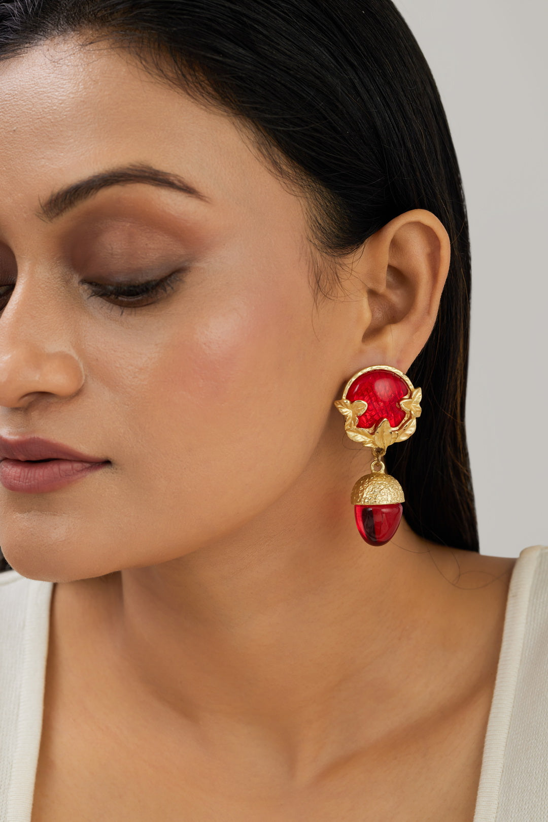 Golden Red Leaf Acorn Drop Earrings
