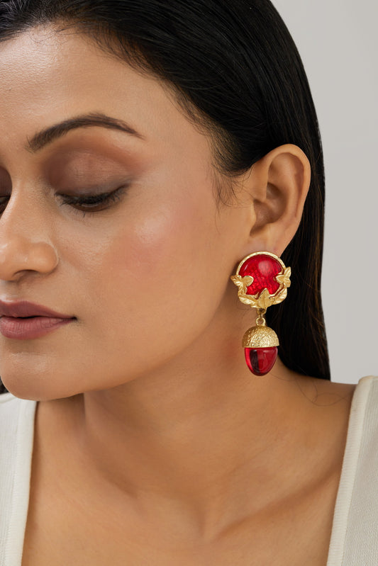 Golden Red Leaf Acorn Drop Earrings