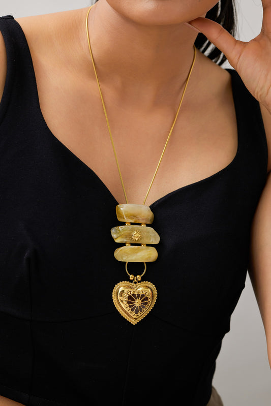 Heart Finite Gemstone Long Necklace - Waterproof, 18k Gold Plated