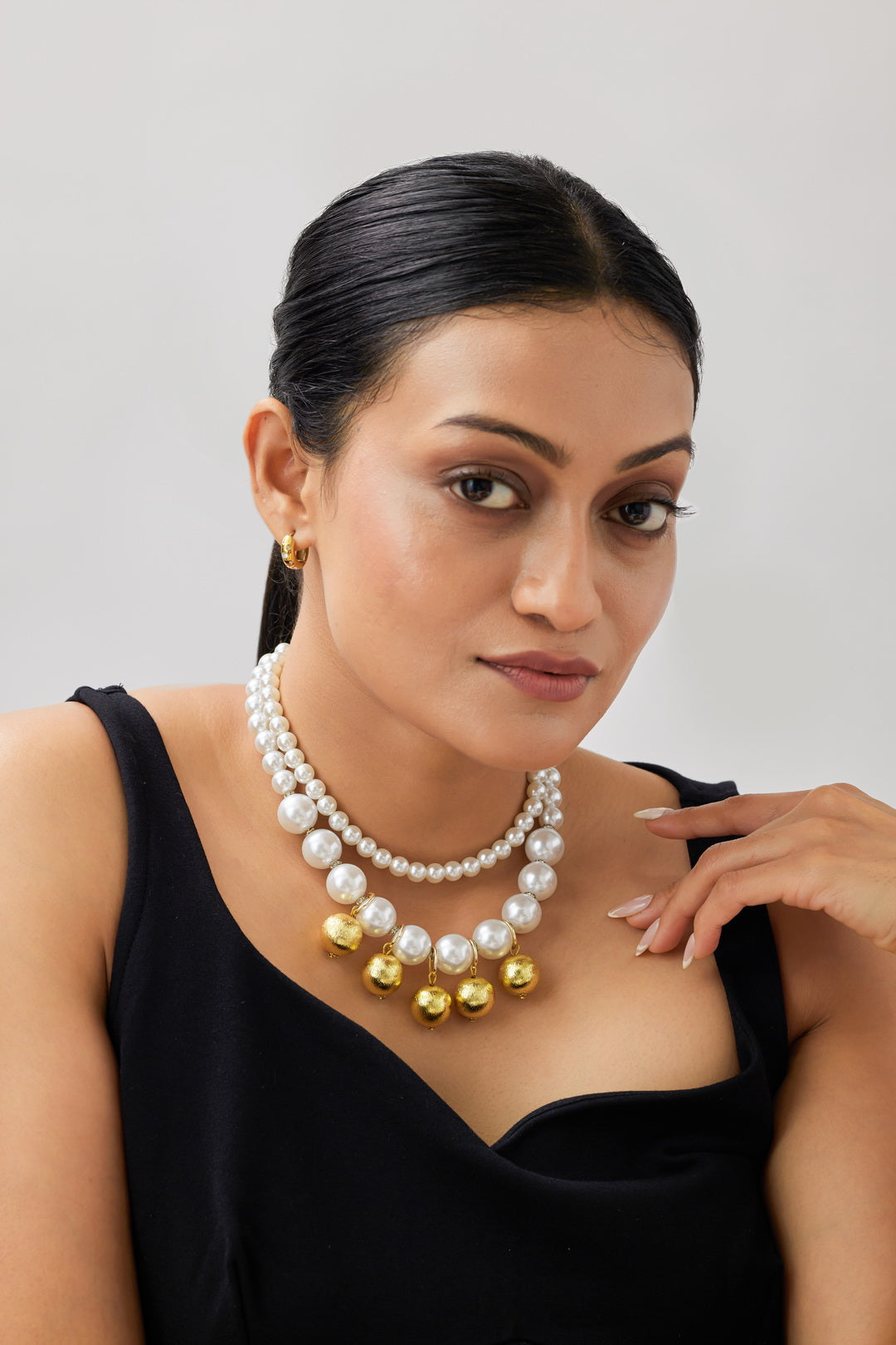 Mela Statement Pearl Necklace with Textured Gold Beads - 18k Gold Plated, Anti Tarnish