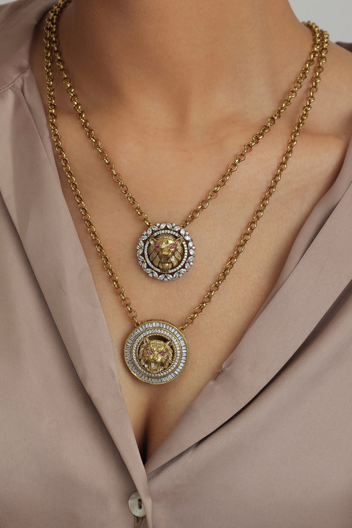 Sim Double Layered Rustic Lion Pendant Necklace