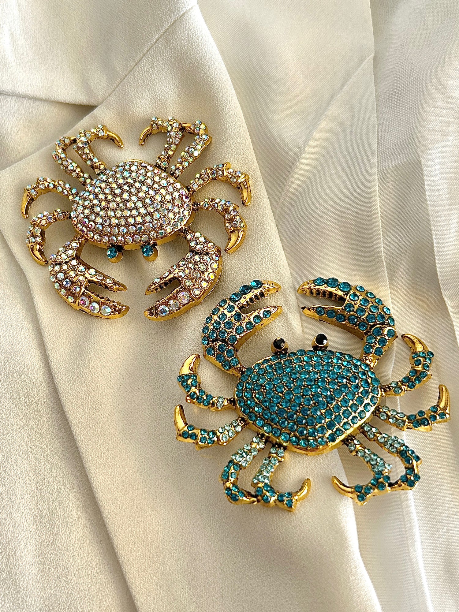 Crab Aqua Diamond Studded Statement Brooch