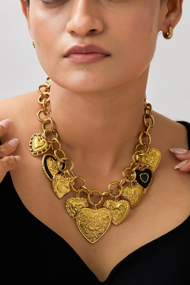 Tia Vintage Multi Heart Necklace - Waterproof, 18k Gold Plated