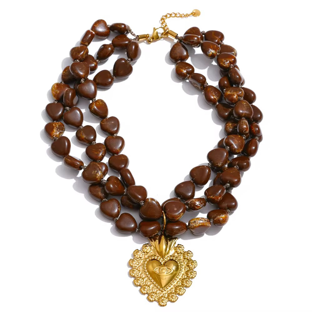 Retro Heart Bead Necklace - Waterproof, 18k Gold Plated
