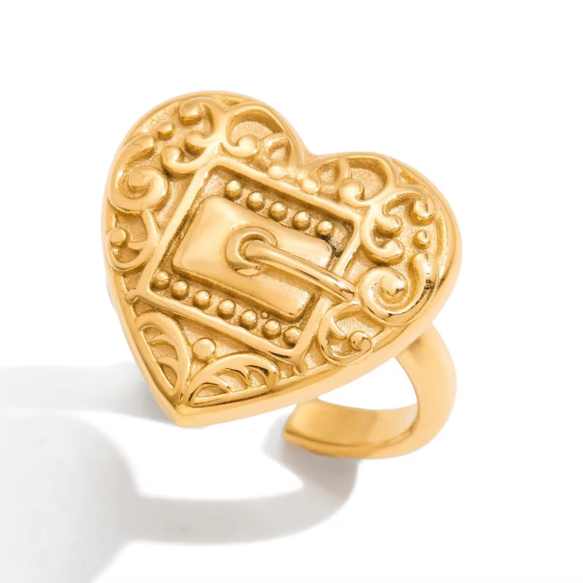 Ramona Heart Shaped Belt Buckle Textured Open Ring - Waterproof, 18k Gold Plated