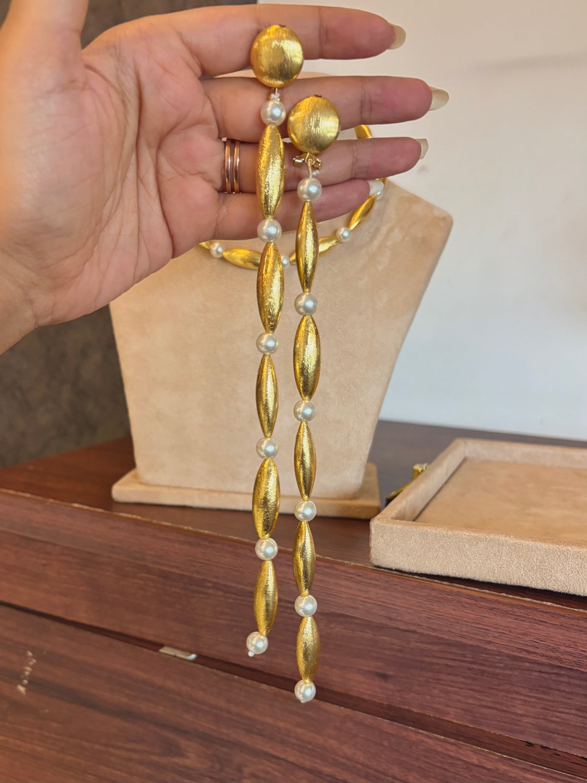 Paza Gold Pearl Long Drop Earrings