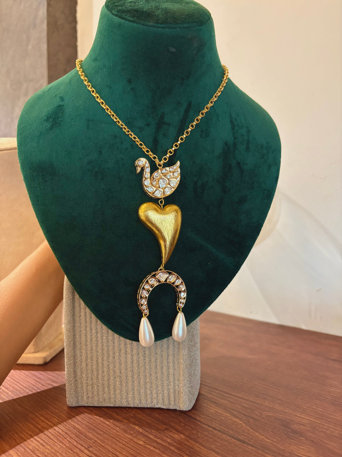 Mayur Polki Kundan Swan Heart Long Pendant Necklace with Glass Pearls