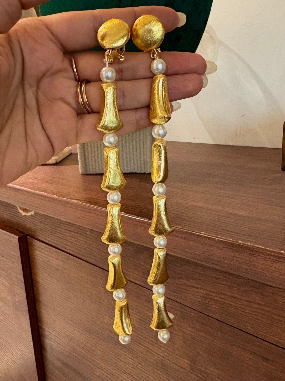Swarn Gold Pearl Long Drop Earrings