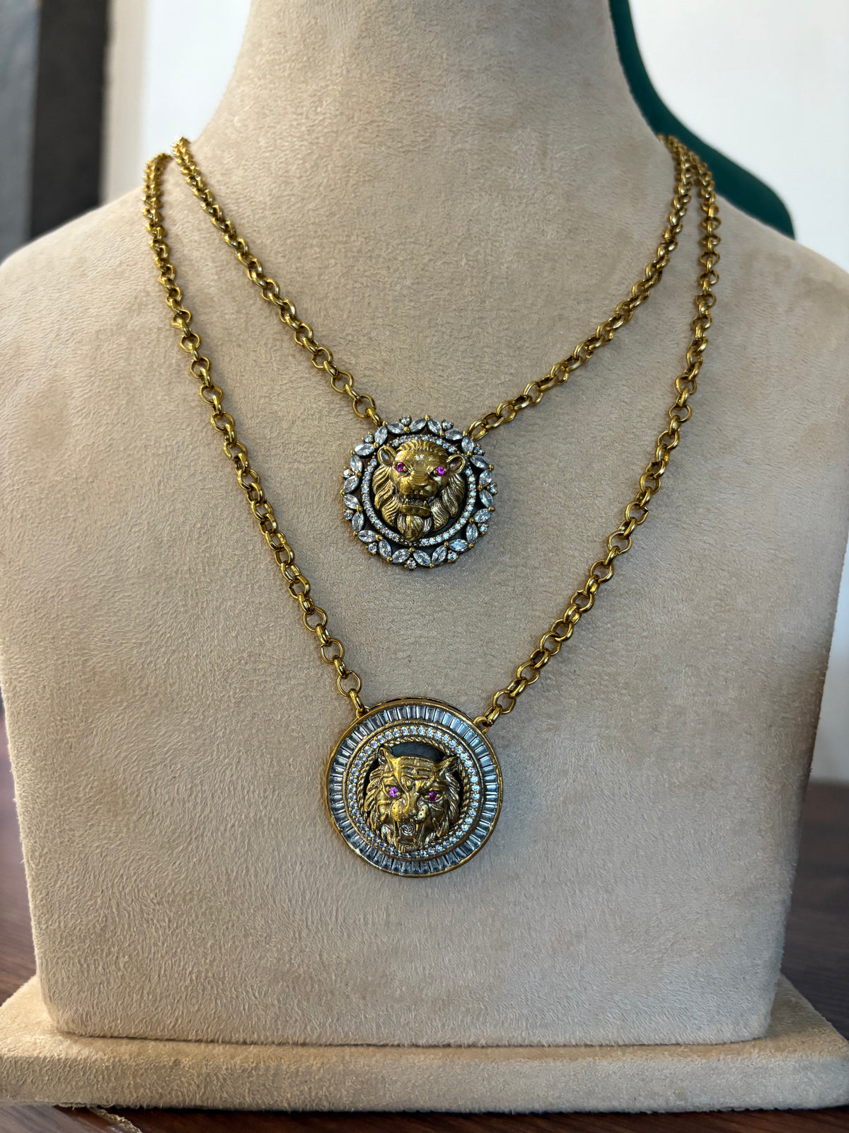 Sim Double Layered Rustic Lion Pendant Necklace