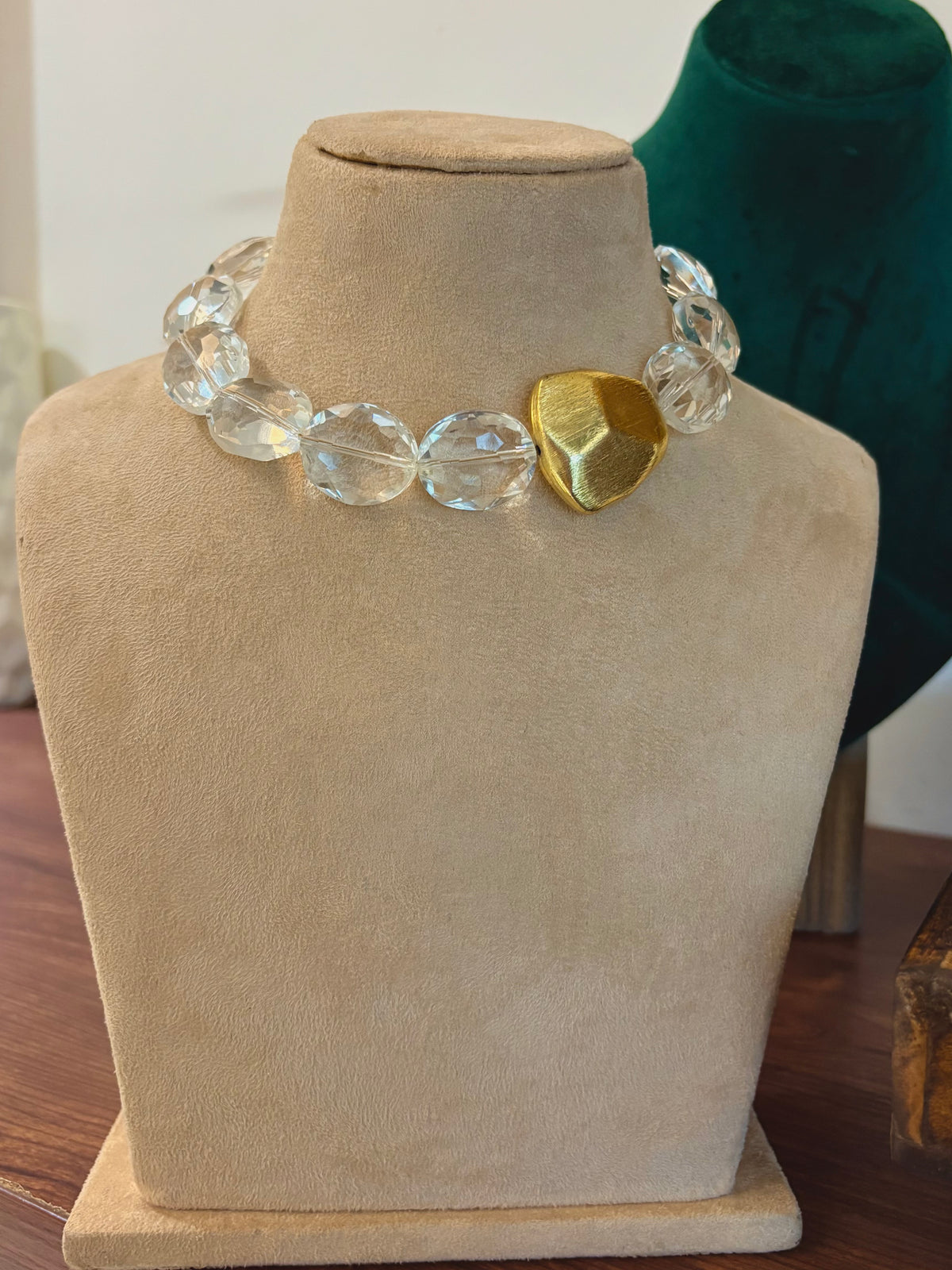 Palma White Crystal Gold Bead Choker Necklace