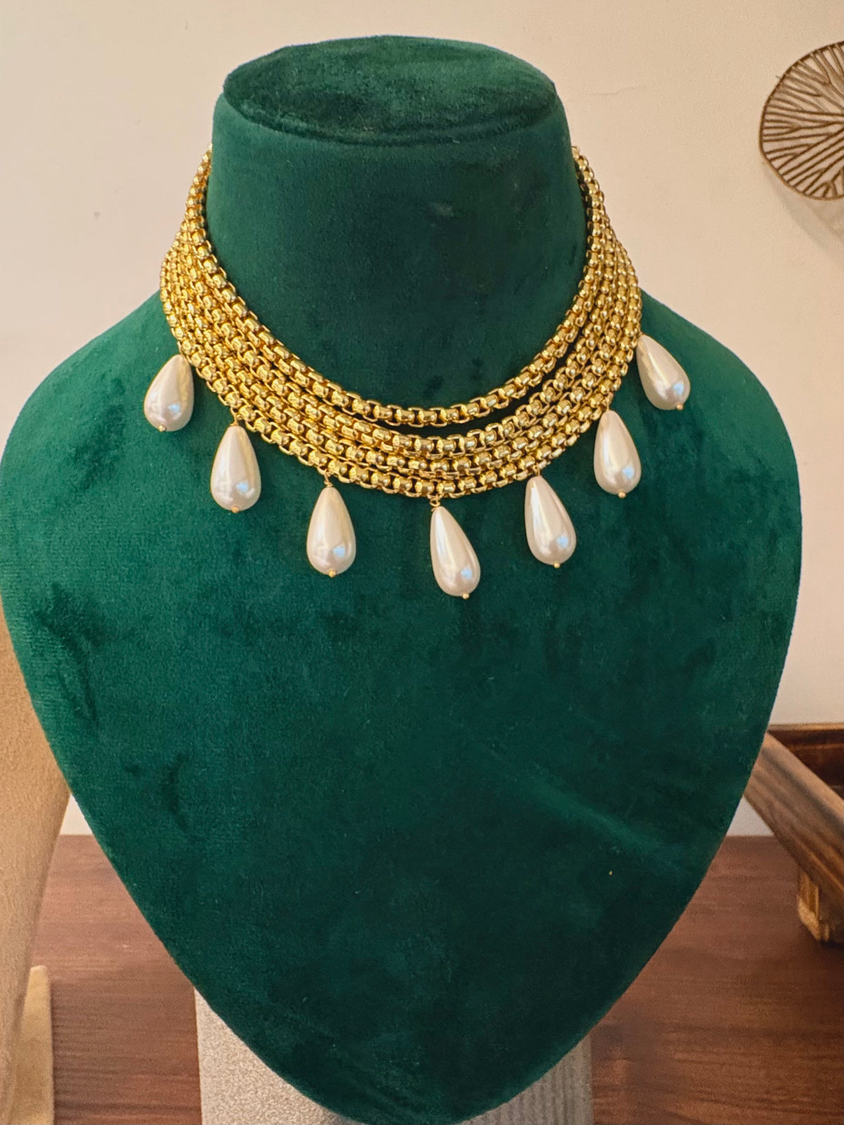 Laza Gold Multi-Strand Teardrop Glass Pearl Choker Necklace
