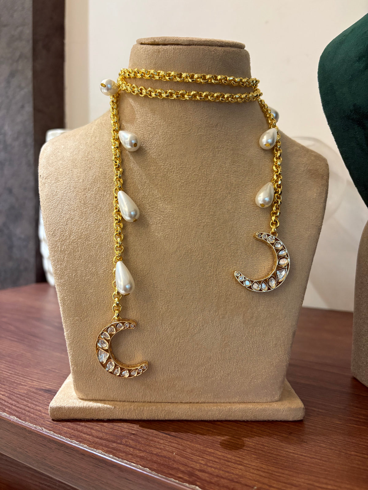 Faiza Polki Kundan Chaand Drop Glass Pearl Lariat Rope Necklace