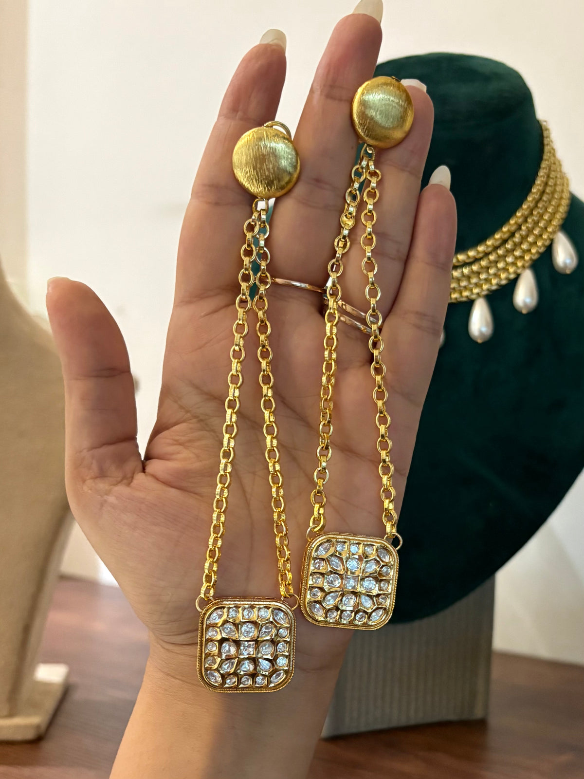 Leher Polki Kundan Statement Dangler Earrings