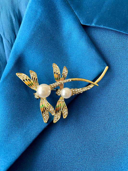 Twin Dragon Fly Pearl Brooch