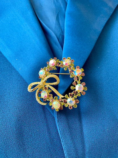 Snowflake Bow Studded Round Brooch