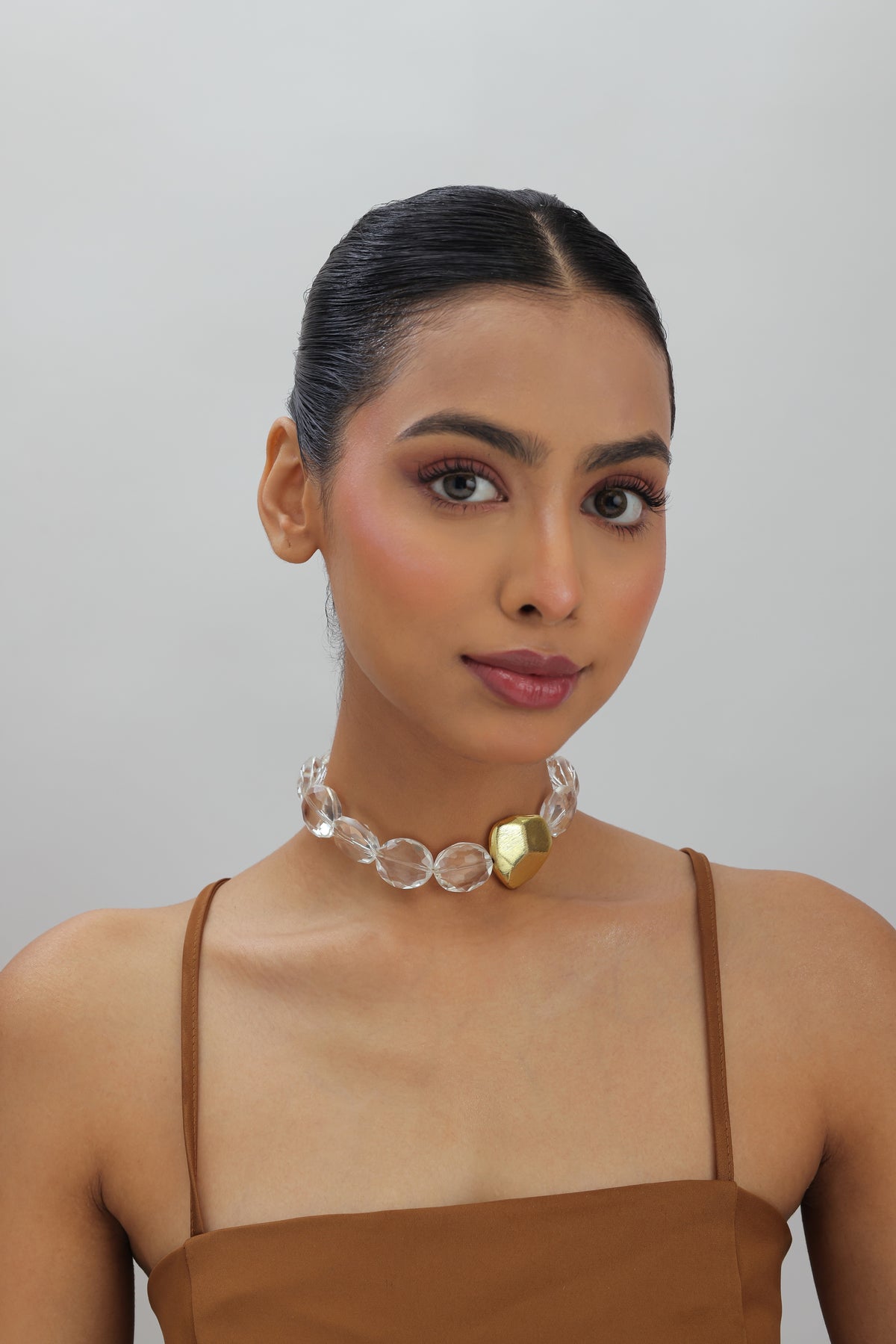Palma White Crystal Gold Bead Choker Necklace