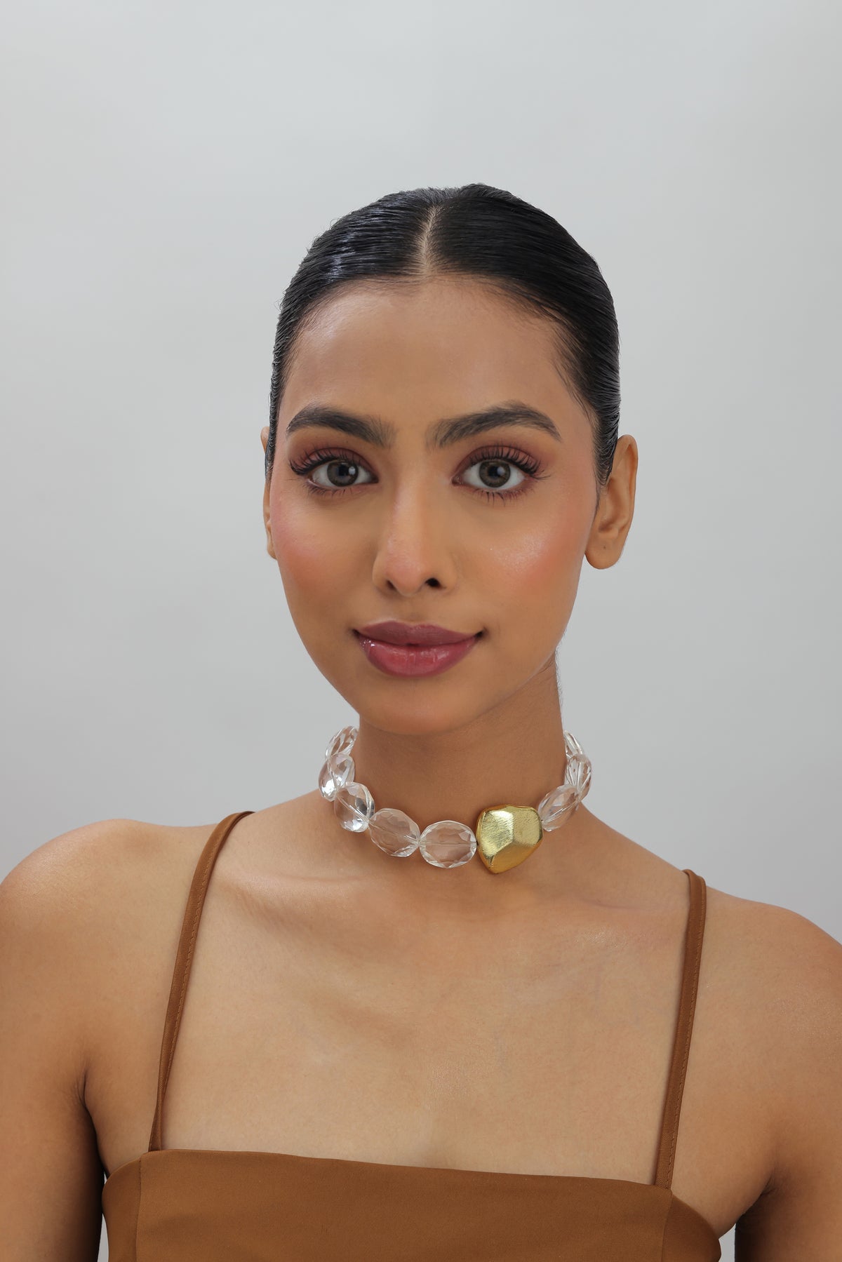 Palma White Crystal Gold Bead Choker Necklace