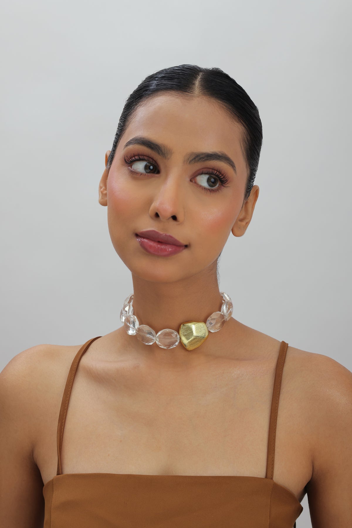 Palma White Crystal Gold Bead Choker Necklace