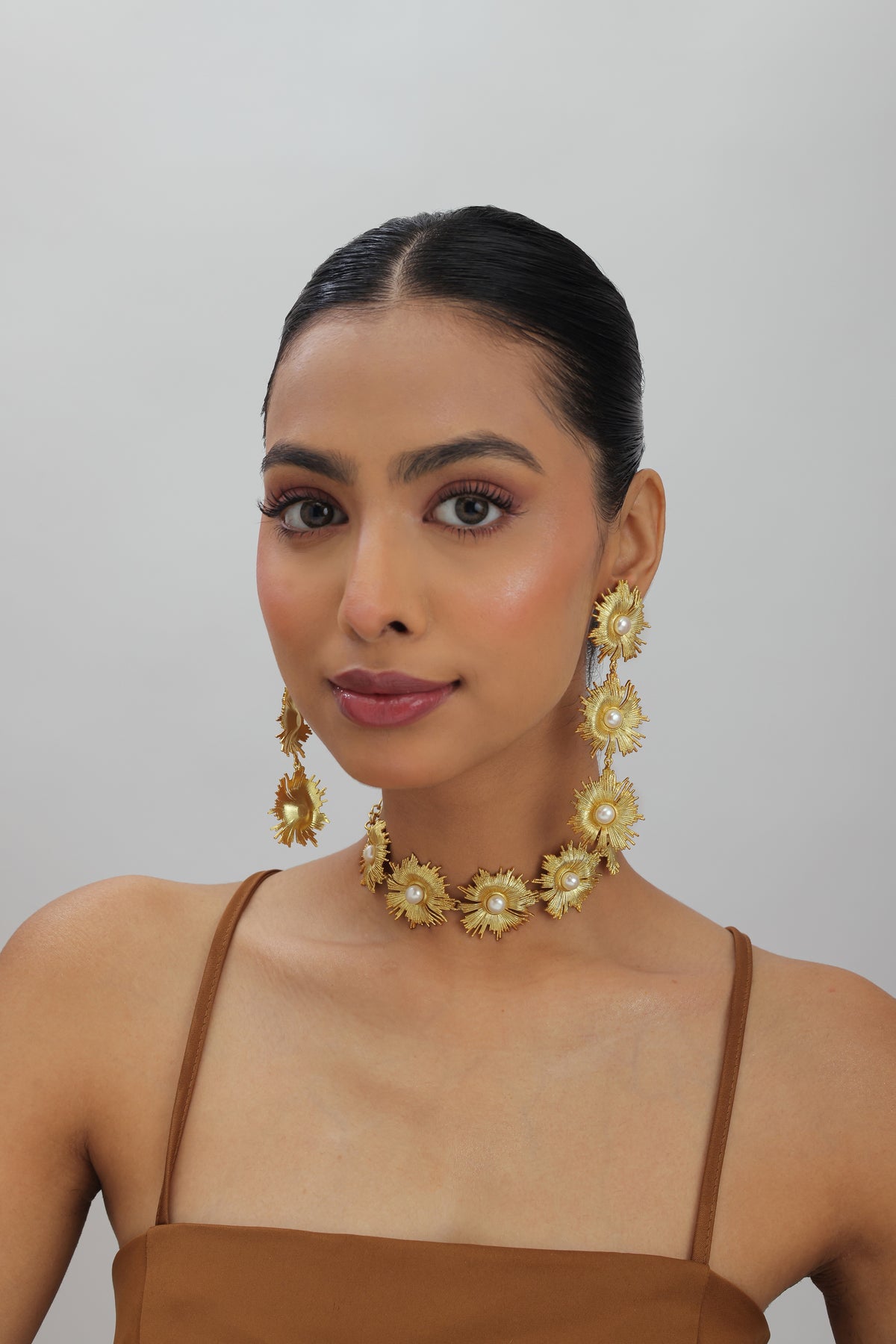 Sunflower Pearl Detailed Gold Chunky Earrings