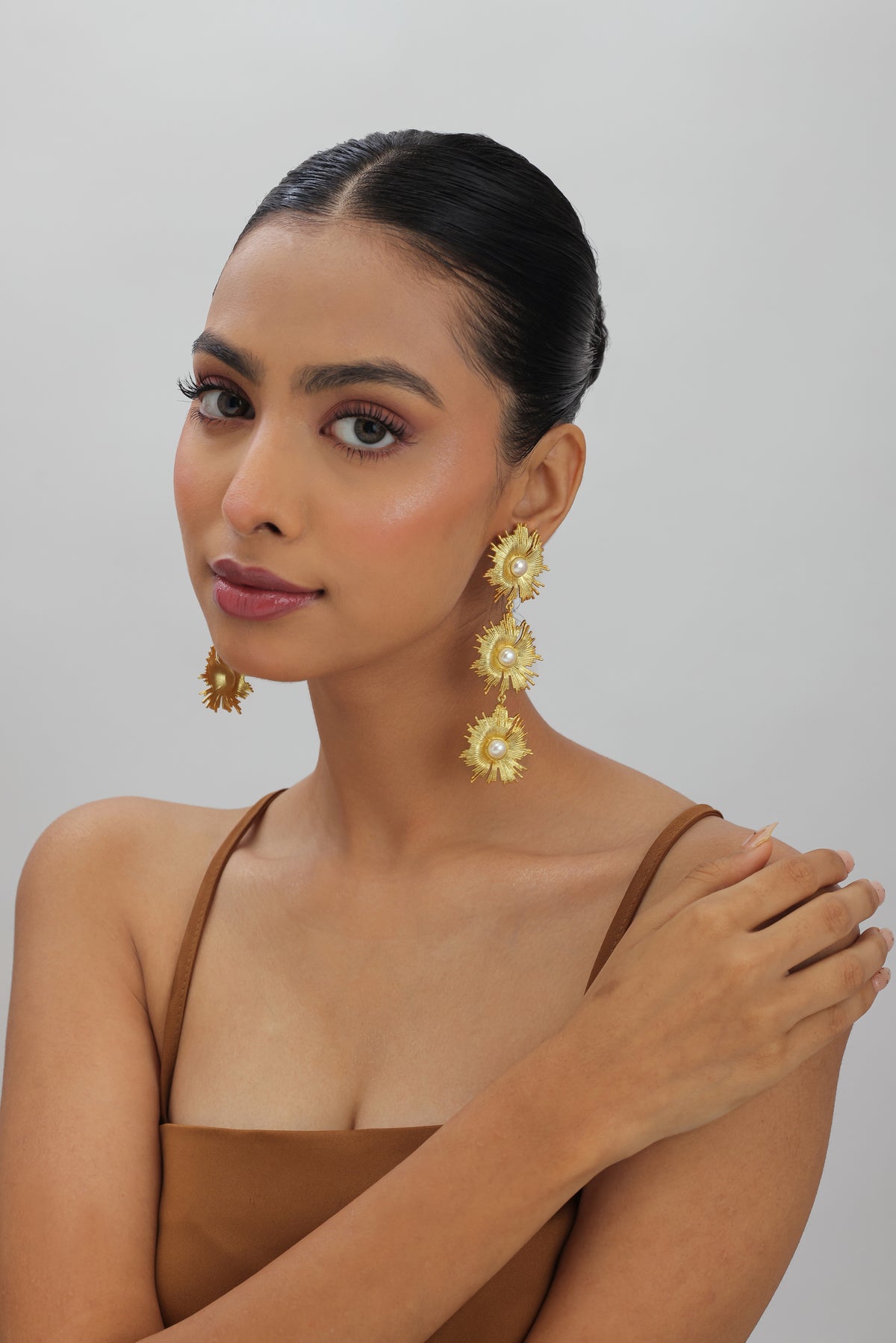 Sunflower Pearl Detailed Gold Chunky Earrings
