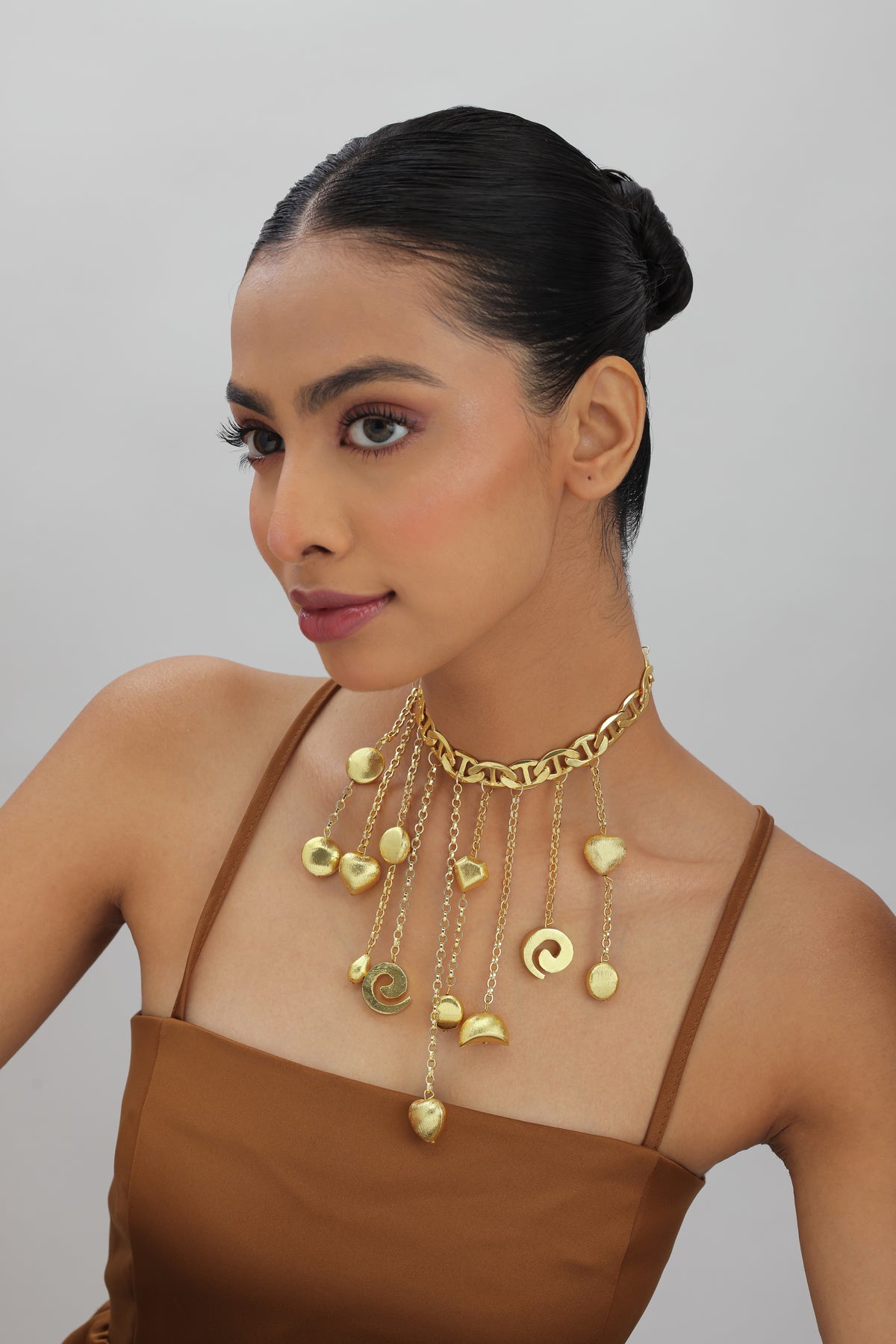 Yapa Gold Multi Charm Fringe Statement Necklace