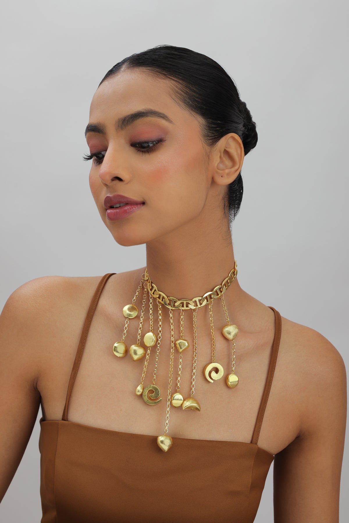 Yapa Gold Multi Charm Fringe Statement Necklace
