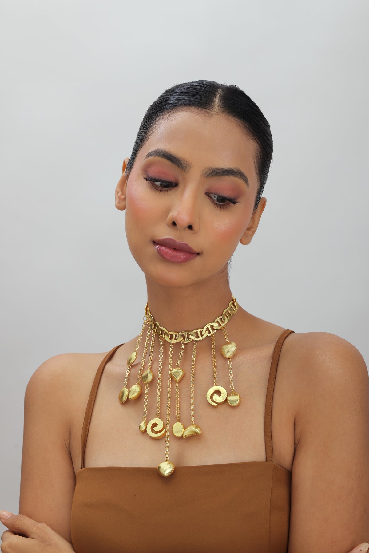 Yapa Gold Multi Charm Fringe Statement Necklace