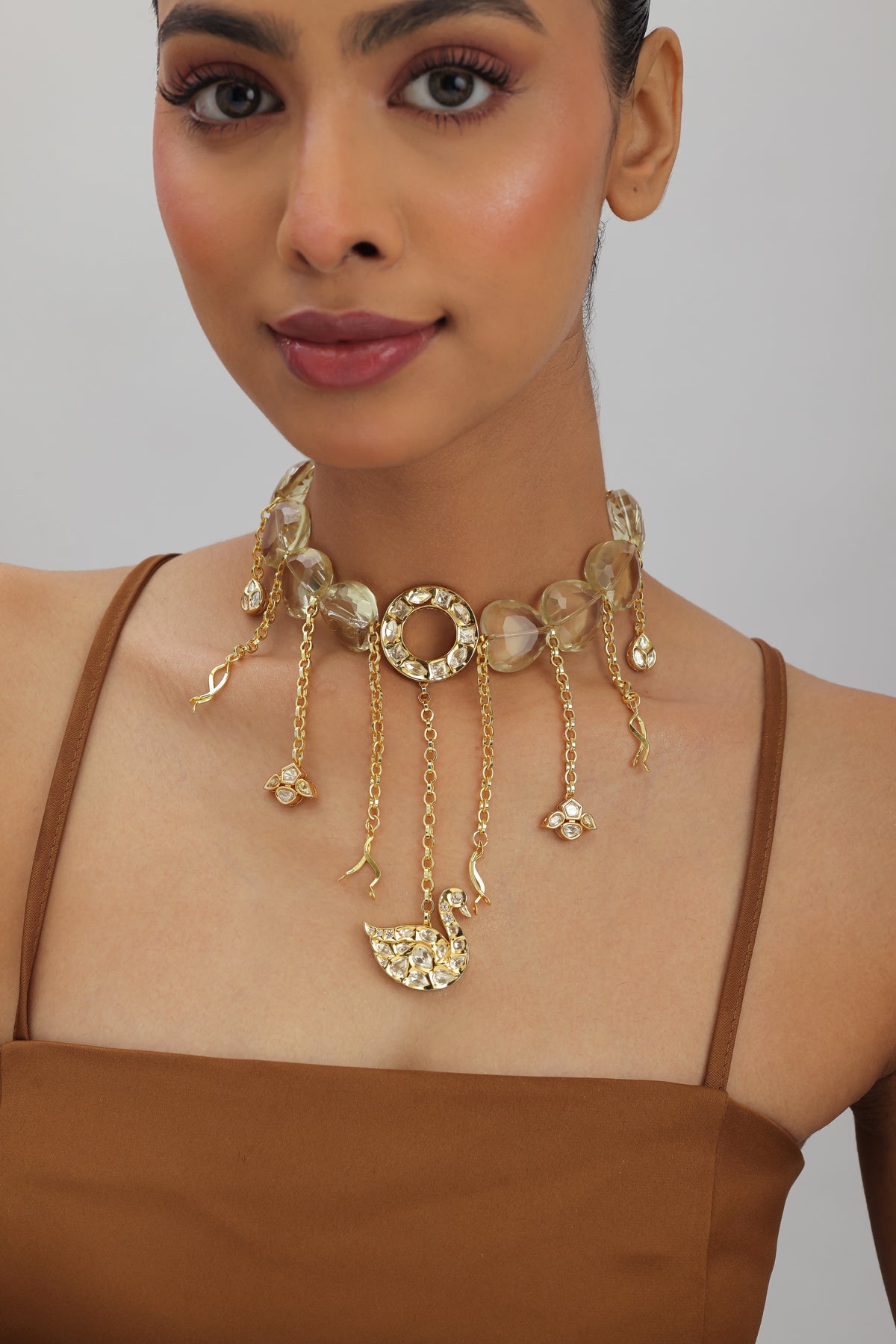 Riva Crystal Polki Swan Charm Statement Necklace