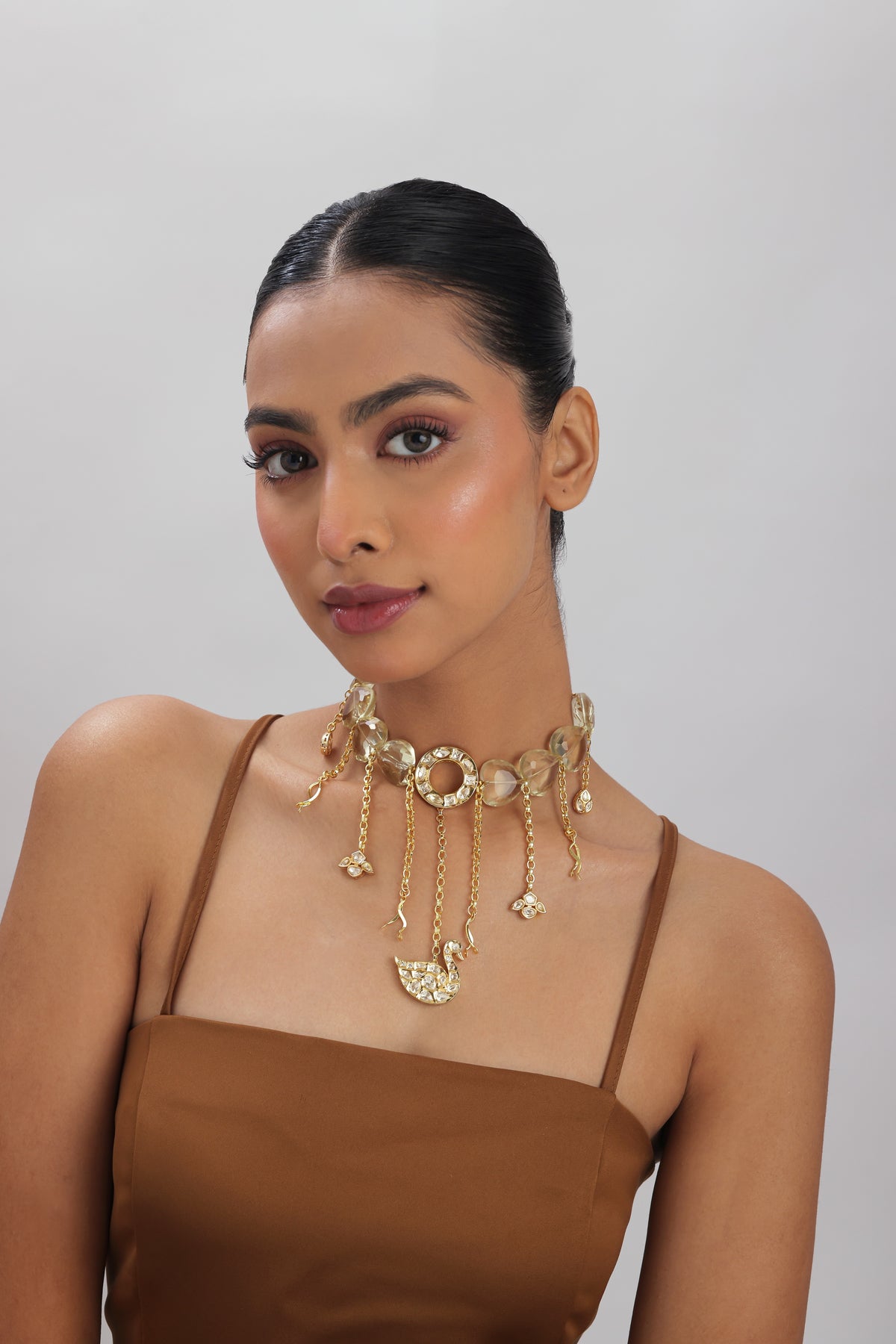 Riva Crystal Polki Swan Charm Statement Necklace
