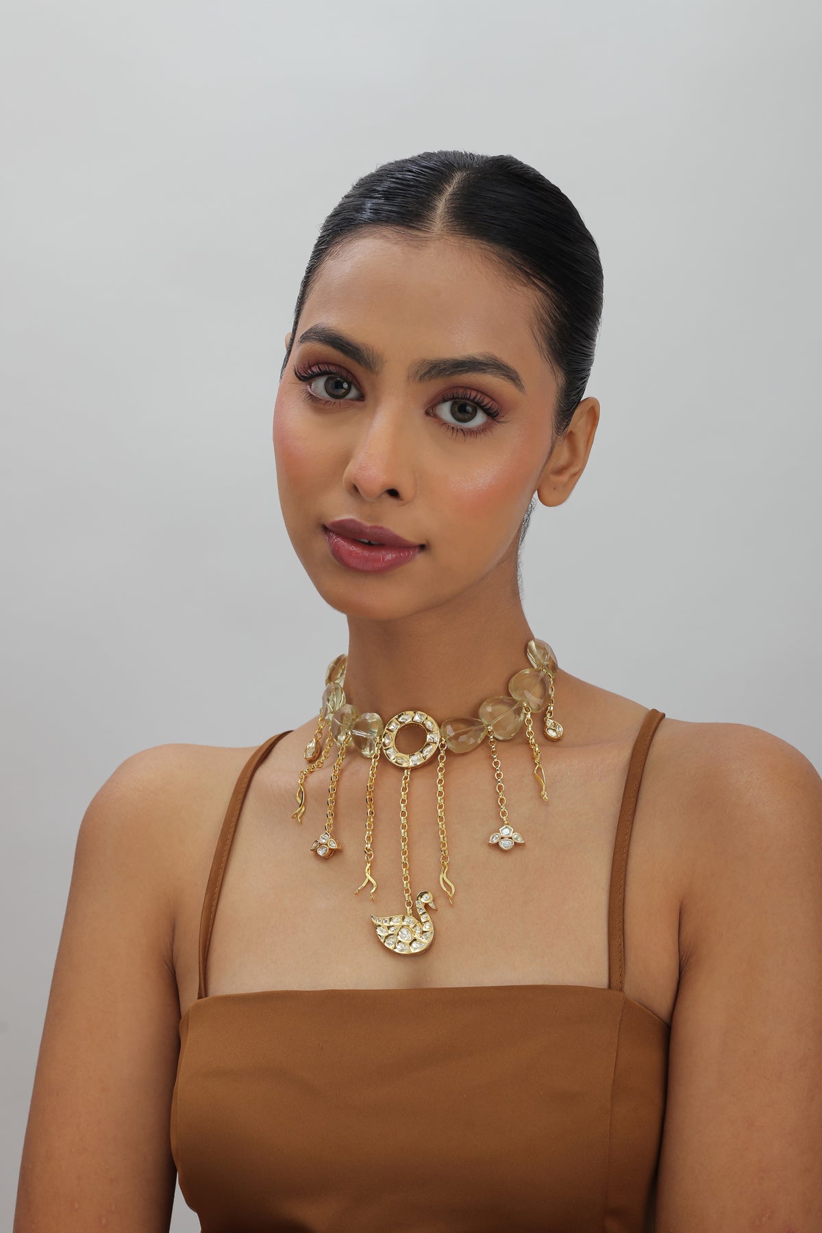 Riva Crystal Polki Swan Charm Statement Necklace