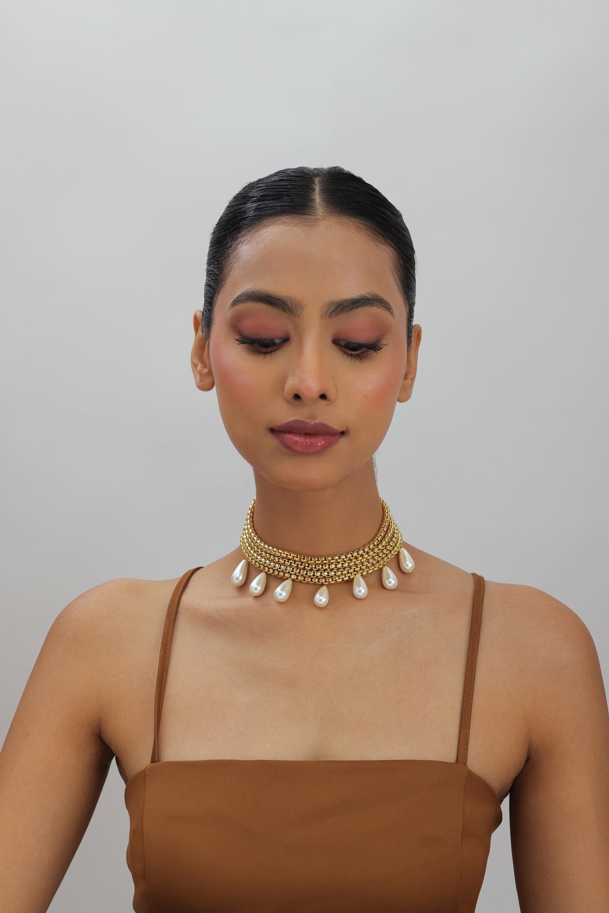 Laza Gold Multi-Strand Teardrop Glass Pearl Choker Necklace