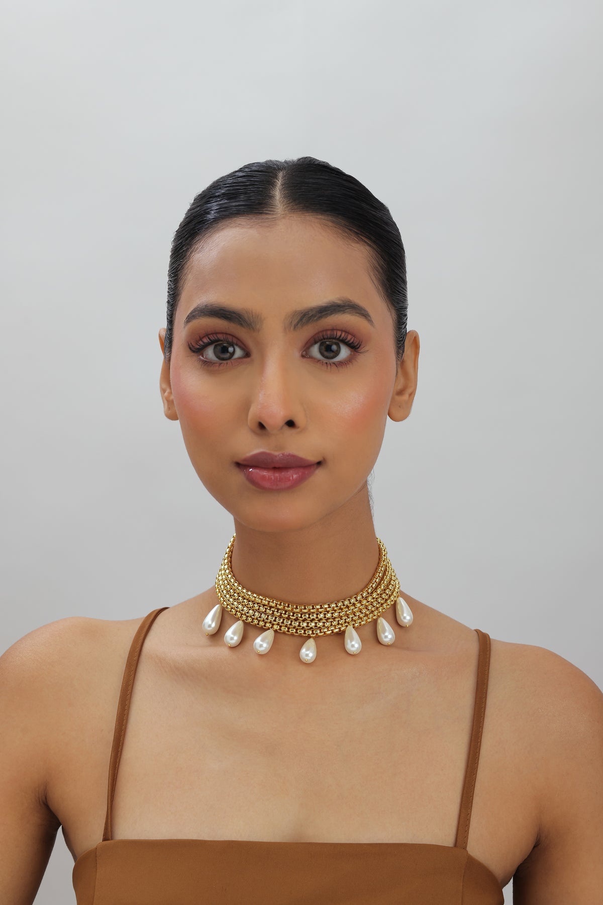 Laza Gold Multi-Strand Teardrop Glass Pearl Choker Necklace