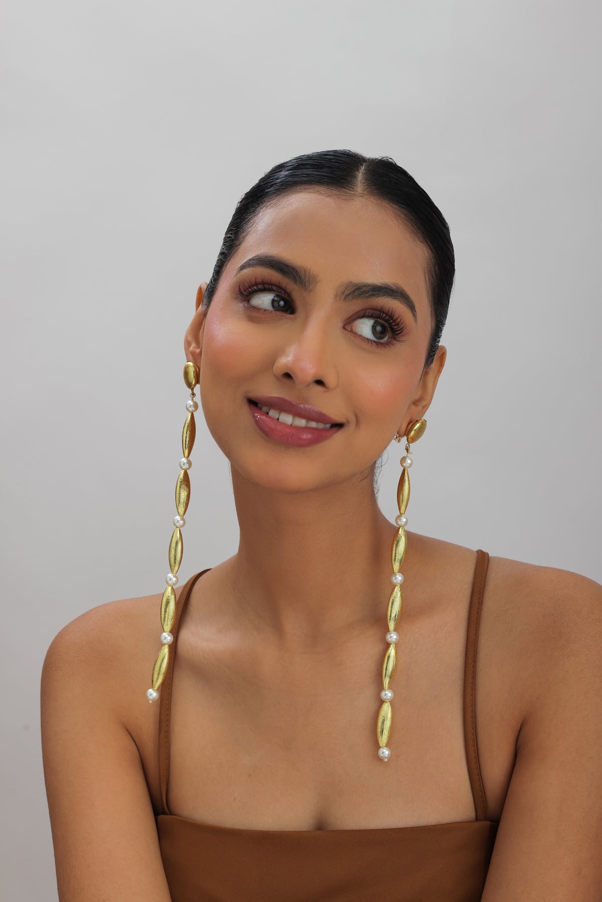 Paza Gold Pearl Long Drop Earrings