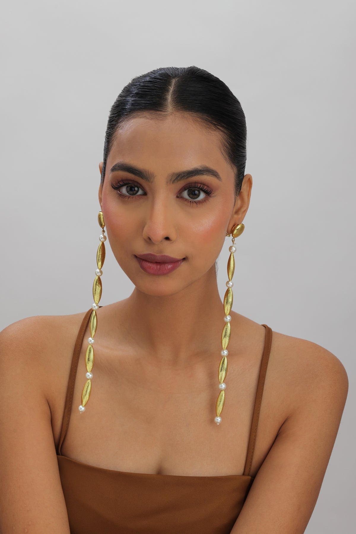 Paza Gold Pearl Long Drop Earrings