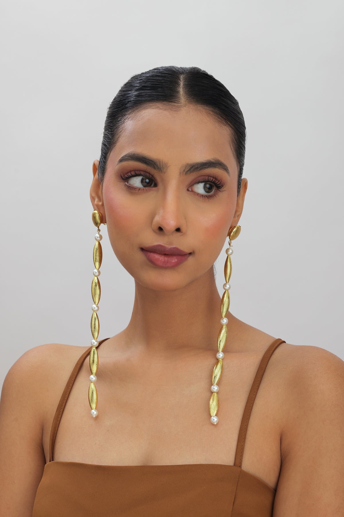 Paza Gold Pearl Long Drop Earrings