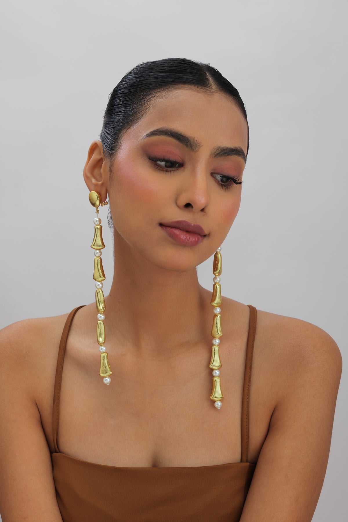 Swarn Gold Pearl Long Drop Earrings