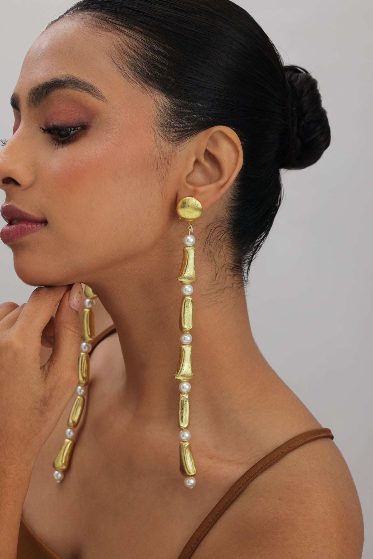 Swarn Gold Pearl Long Drop Earrings