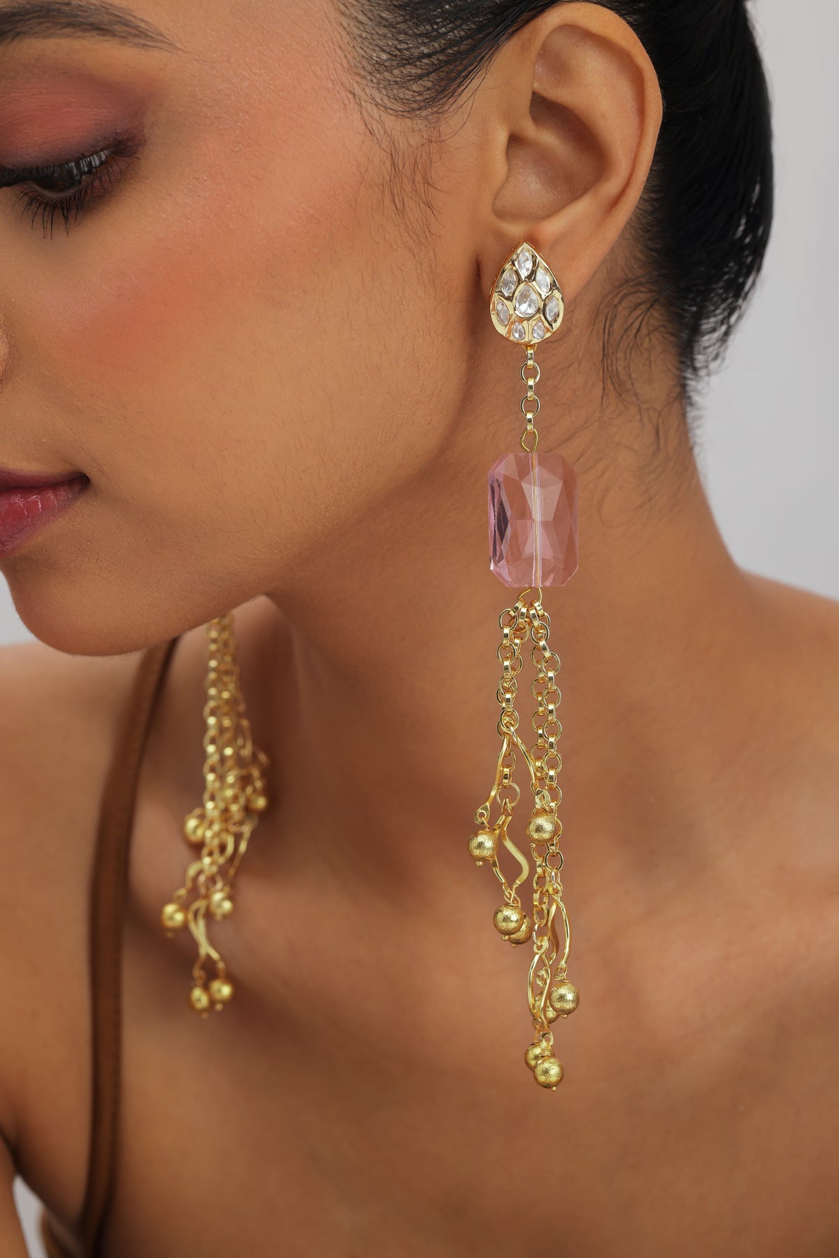 Nura Pink Crystal Polki Kundan Dangling Earrings