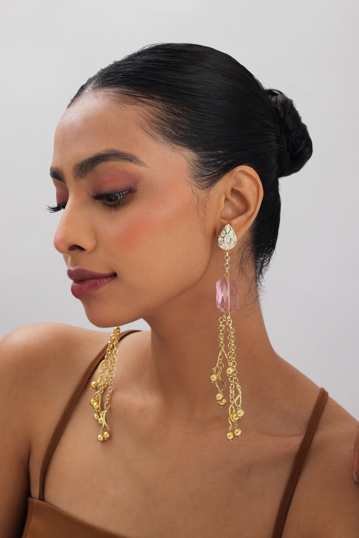Nura Pink Crystal Polki Kundan Dangling Earrings