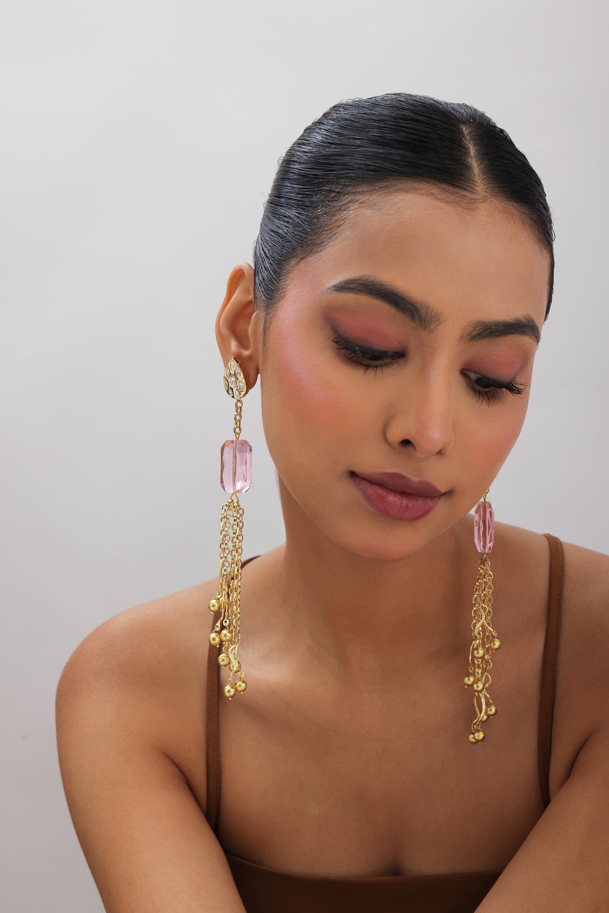 Nura Pink Crystal Polki Kundan Dangling Earrings