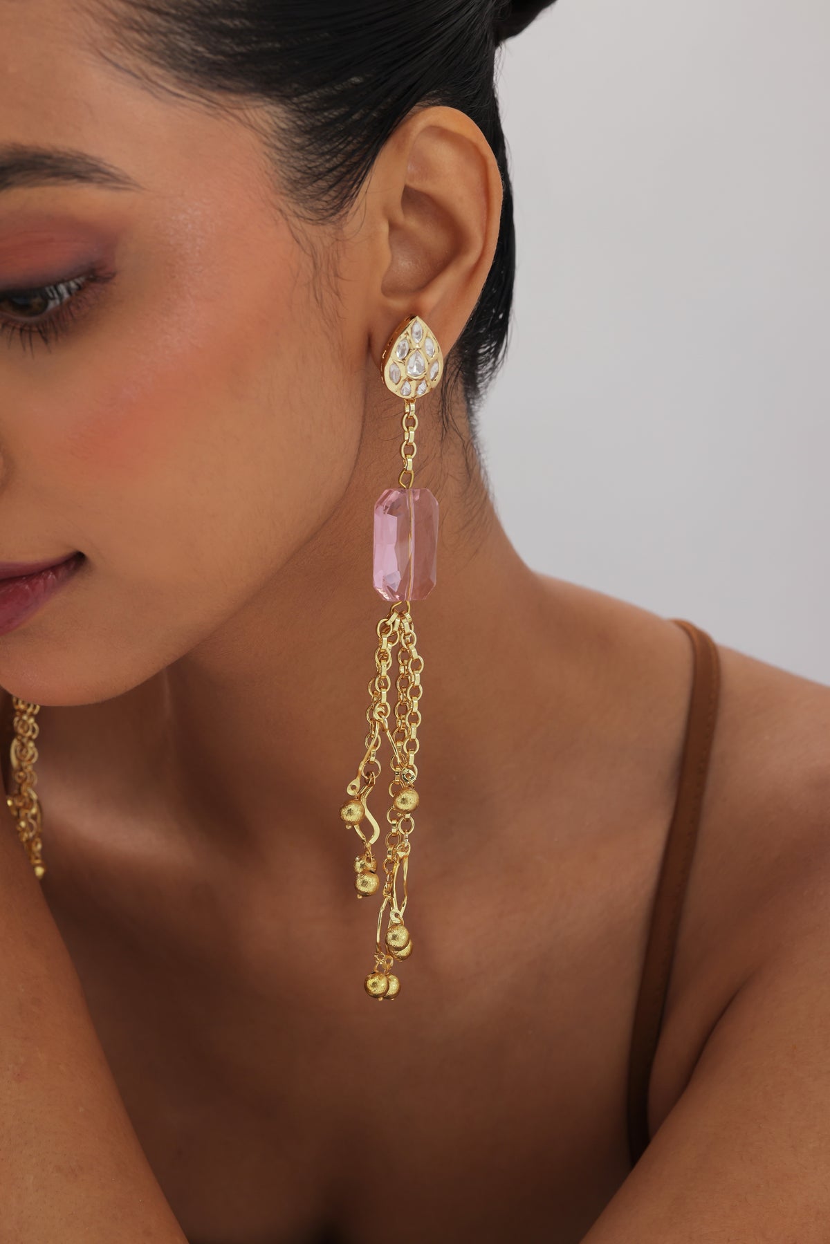 Nura Pink Crystal Polki Kundan Dangling Earrings