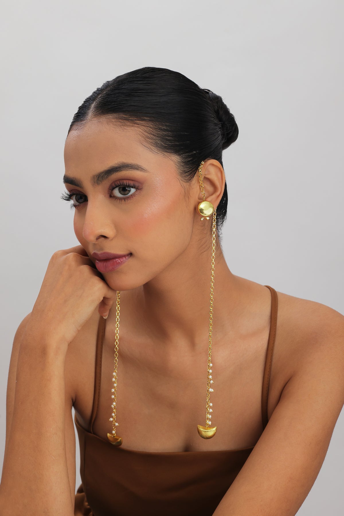 Rasa Kashmiri Long Thread Moon Pearl Earrings